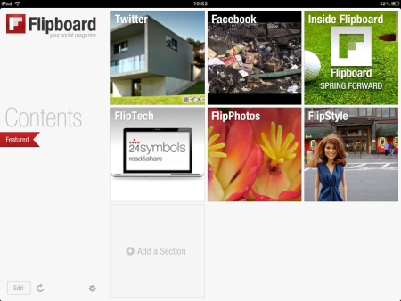 FlipboardはTwiterやFacebookを雑誌風のインタフェースで閲覧できるiPadアプリ。